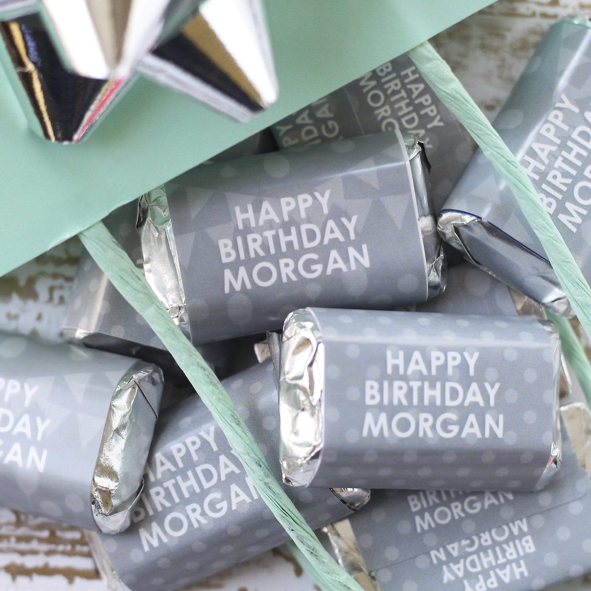 Gray Personalized Happy Birthday Party Mini Candy Bar Wrappers with Name - 45 Stickers